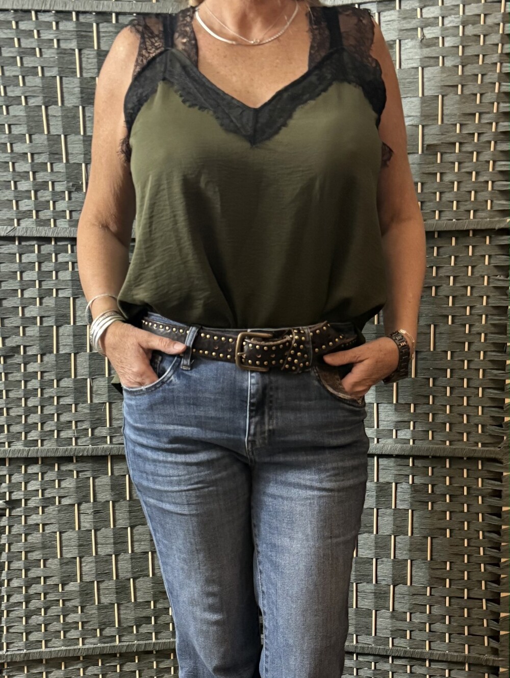 Olive Green Chemise with Black Lace Accents Sz XL